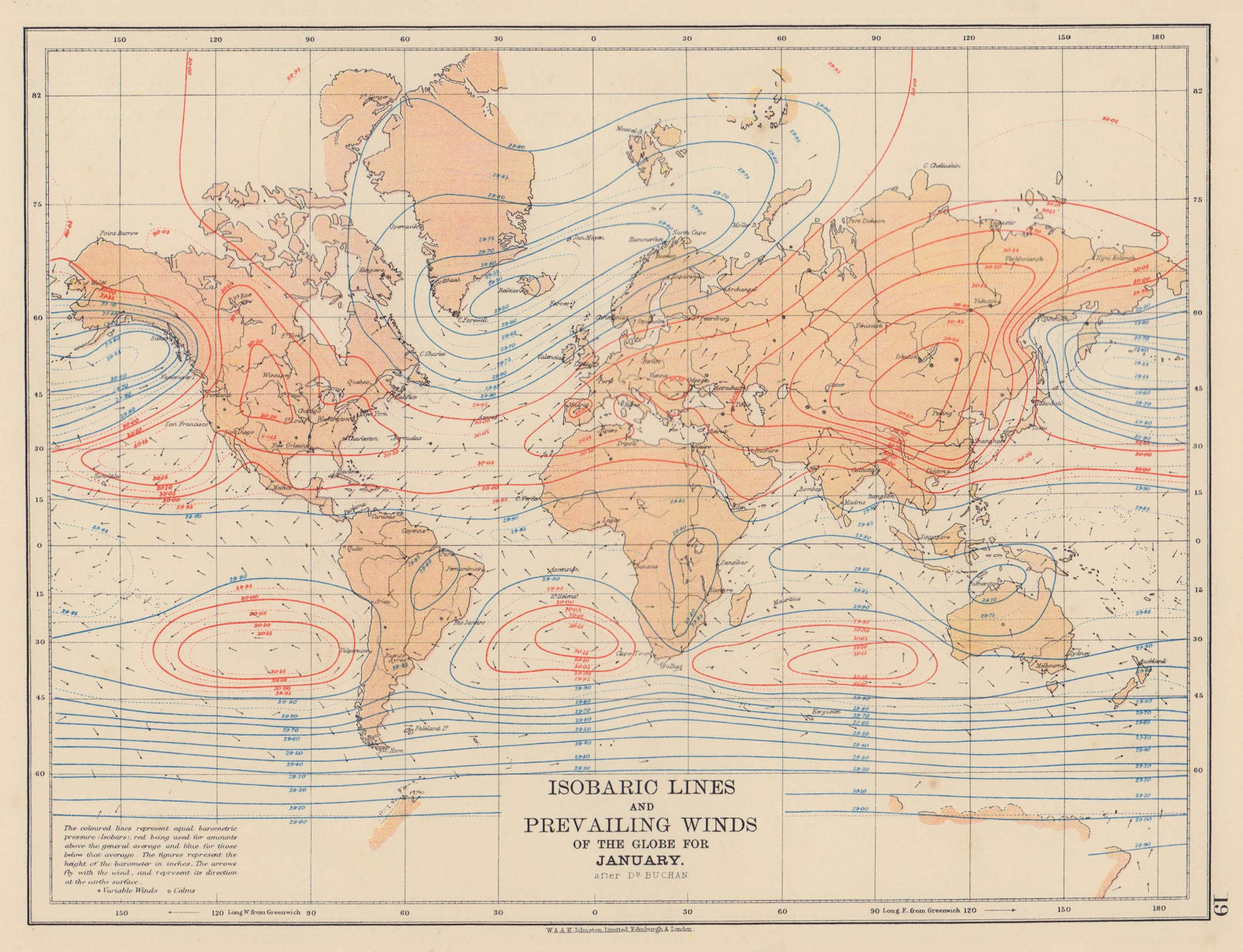 WORLD Isobaric lines & Prevailing Winds of the Globe. January. JOHNSTON 1901 map